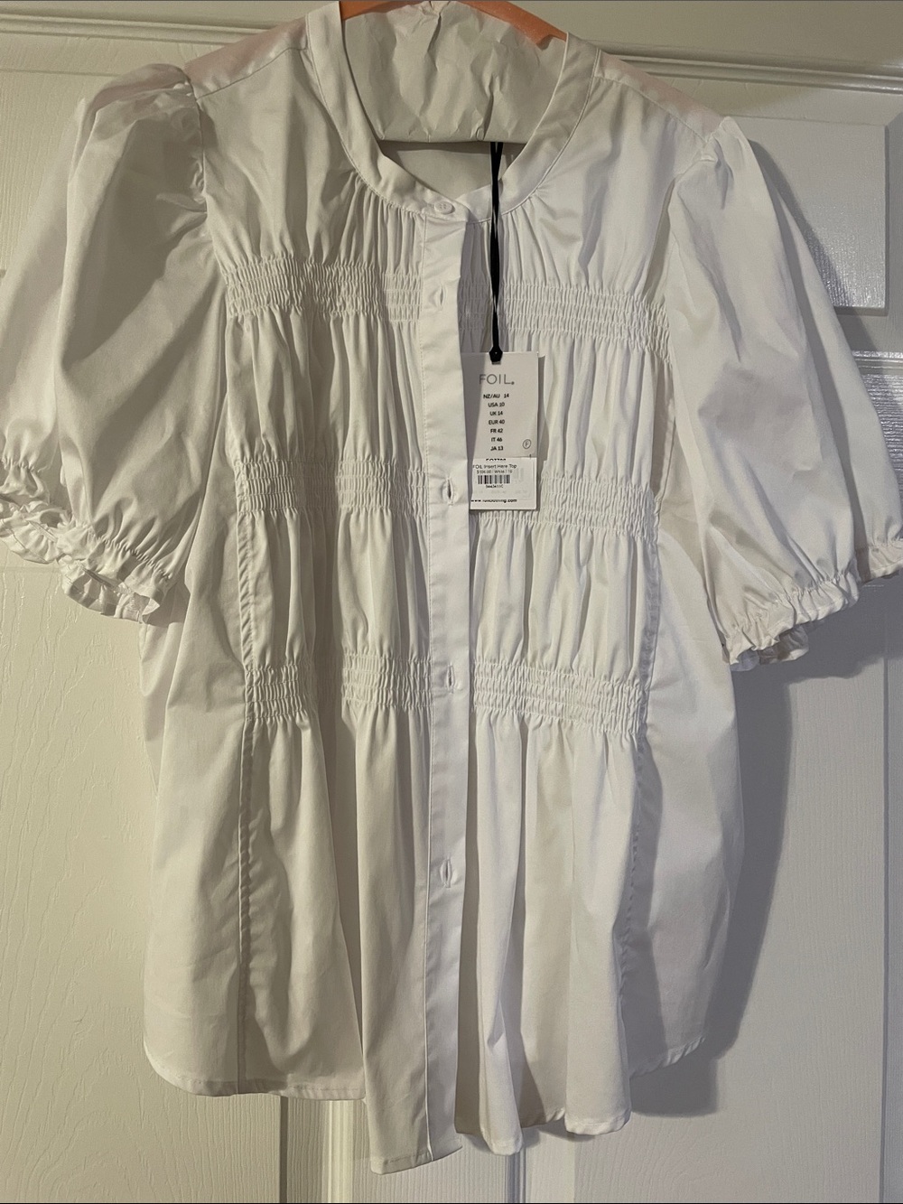 Foil White Smocked Front Button-Down Blouse